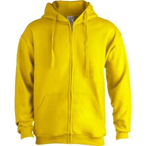 A bright yellow adult hooded sweatshirt with a zipper and front pockets. It features a branding logo on the label.