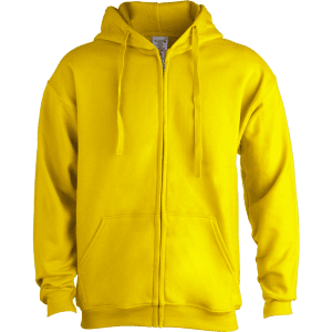 A bright yellow hooded sweatshirt featuring a zipper and a front pocket, with a logo on the chest.