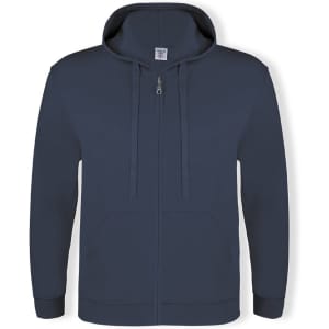 A navy blue hooded sweatshirt with a zipper and front pockets, featuring a logo.