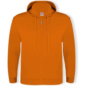 An orange zippered hoodie with a hood and front pockets, featuring a logo on the upper chest area.