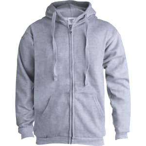 A grey hooded zip sweatshirt with a front zipper and two drawstrings. It features a logo on the upper front.