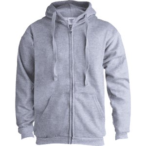 A grey hooded sweatshirt with a front zipper, featuring a logo on the chest area.