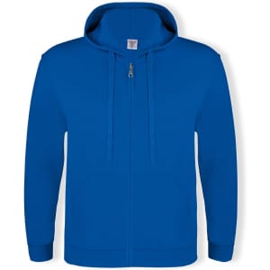 A blue adult hooded sweatshirt with a zipper and front pocket, featuring a logo on the chest.