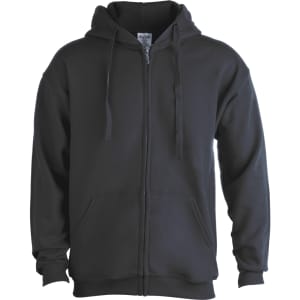 A black hooded sweatshirt with a zipper, featuring a front pocket and drawstrings on the hood.