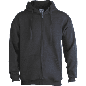 A black adult hooded zip sweatshirt featuring a front pocket and drawstrings. It has a logo on the label.