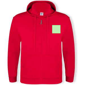 A red adult hooded sweatshirt with a zipper and a simple patch area. It features a front pocket and has a logo.