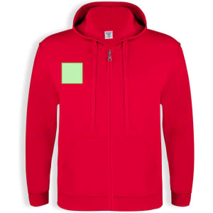 A red adult hooded sweatshirt with a front zipper and a square area for customisation.