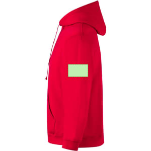 A red adult hooded sweatshirt with a zipper and a green patch on the sleeve, featuring a logo.