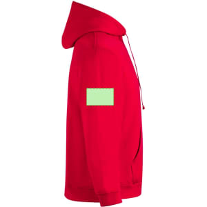 A red hooded sweatshirt with a zipper and a blank patch on the sleeve, featuring a hood and front pockets.