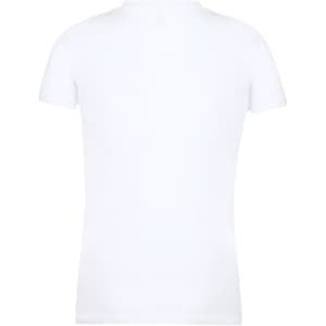 A white women's T-shirt with short sleeves, featuring a plain back and a branded logo.