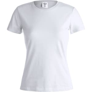 A white women's t-shirt with a fitted design and short sleeves, featuring a tag inside.