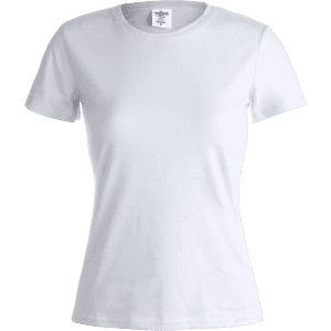 A women's white t-shirt with short sleeves, featuring a round neckline and a label inside.