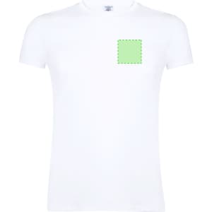 A white women's T-shirt featuring a green square outline and a logo on the upper left side.