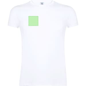 A white women's t-shirt with a blank square area for potential branding or designs, featuring a logo.