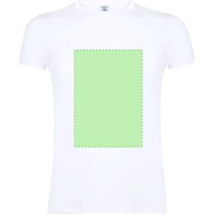A white women's t-shirt featuring a plain green rectangular area in the centre. The shirt has a logo.