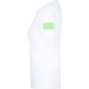 A white women's t-shirt featuring a subtle green logo placement on the sleeve.