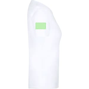 A white women's T-shirt featuring a green outlined area on the sleeve, designed for customisation.