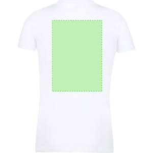 A women's white T-shirt featuring a plain back with a green outline rectangle, indicating a printable area.