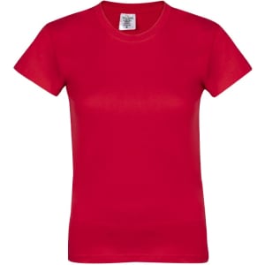 A red women's t-shirt with a round neckline and short sleeves, featuring a label with branding.