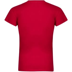 A red women's T-shirt with a fitted design and short sleeves. The shirt has a logo on the back.