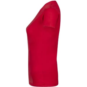 A red women's t-shirt with a fitted design, featuring short sleeves and a simple shape. It has a logo on it.