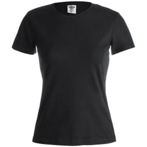 A black women's t-shirt with short sleeves and a fitted design. It features a label and a simple logo.