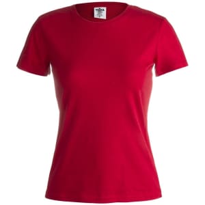 A red women's t-shirt with a round neckline and short sleeves, featuring a logo on the label.