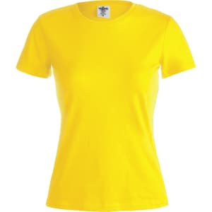 A yellow women's T-shirt featuring a round neckline and short sleeves, with a label inside.
