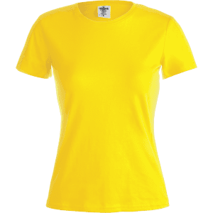 A vibrant yellow women's t-shirt with a round neck and short sleeves, featuring a logo.