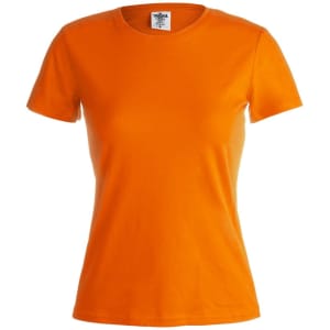An orange women's T-shirt with a round neckline and short sleeves. It has a label inside and features a logo.