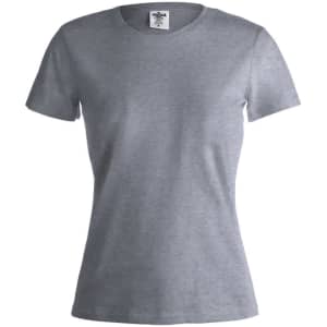 A grey women's T-shirt with a round neckline and short sleeves, featuring a label inside.