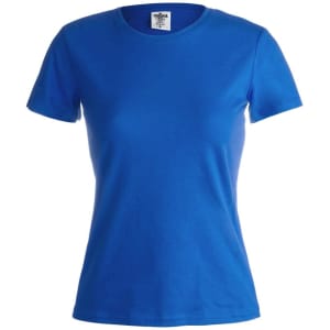 A blue women's T-shirt with a round neckline and short sleeves, featuring a logo on the label.