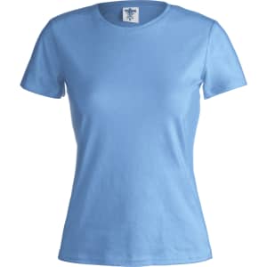 A light blue women's T-shirt with short sleeves and a crew neckline. It features a logo on the label.