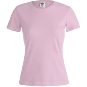 A women's short-sleeved t-shirt in a soft pink colour with a fitted style and branding label.
