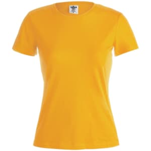 A women's short-sleeve t-shirt in bright yellow, featuring a round neck and a brand label.