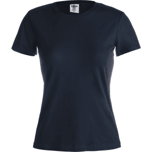 A navy women's t-shirt featuring a fitted design and a label, with a smooth fabric texture.