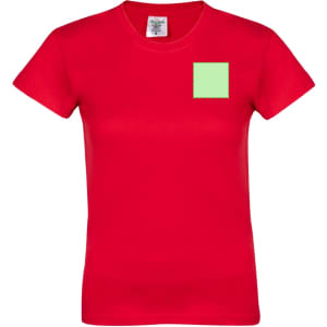 A red women's T-shirt featuring a square patch on the front. The shirt has a logo or branding on it.