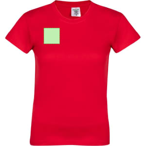 A red women's t-shirt with a blank green square on the front and a logo on the label.
