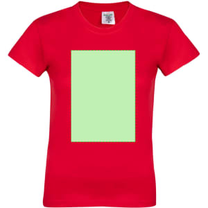 A red women's T-shirt featuring a blank green area on the front and a label inside.