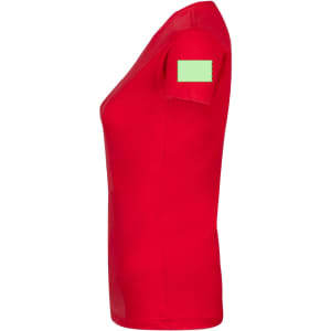 A red women's T-shirt with a green patch on the sleeve and a fitted silhouette.