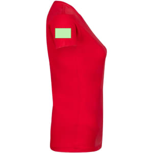 A red women's t-shirt featuring a solid design and a logo on the sleeve.