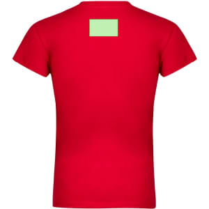 A red women's t-shirt with a small green label on the back. It features a fitted design and has a logo.