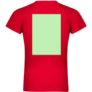 A red women's t-shirt featuring a large green rectangular area on the back and a logo.