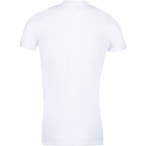 A plain white women's T-shirt with short sleeves and a fitted design. It features a logo on the back.