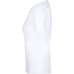 A white women's T-shirt displayed from the side, featuring a simple design and a fitted shape.