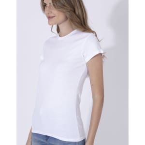 A white women's T-shirt with short sleeves, featuring a fitted design and a logo.