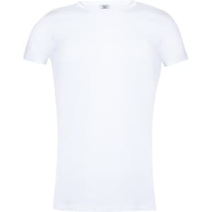A white women's T-shirt with a fitted design and short sleeves. It features a logo on the label.