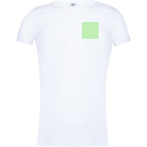 A white women's t-shirt featuring a small logo area on the chest.