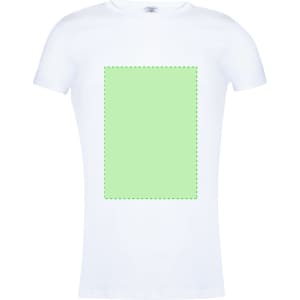 A white women's T-shirt featuring a central green placeholder area and a logo.