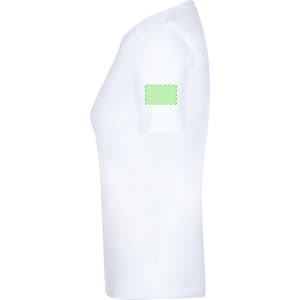 A white women's t-shirt featuring a green rectangular section on the sleeve and a fitted design.